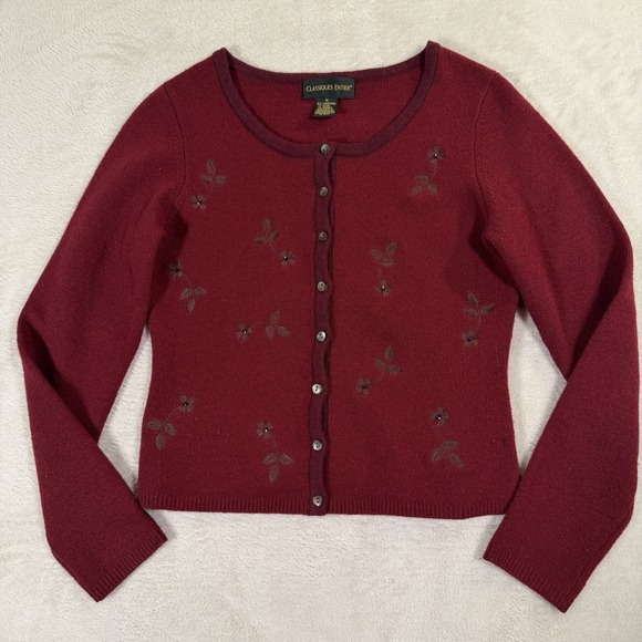 Classiques Entier Sweaters - Classiques Entier Medium Lambswool‎ Embroidered Floral Cardigan Red Vintage